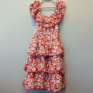 Beautiful girls floral ruffle layered dress. Pink, white, and orange colored.